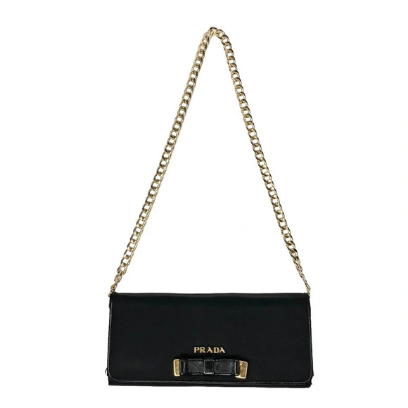 RARE Authentic PRADA Black & Gold Bow Long Slim Carryall Wallet on a Gold Chain - Picture 11 of 15